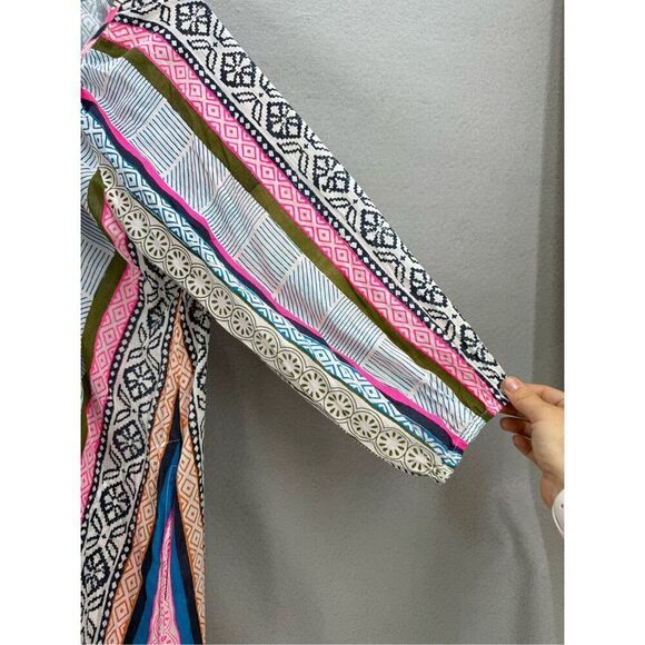 Lulalife Women Multicolor Light Cotton Striped Abstract Shirred Midi Dress Large - Picture 5 of 12